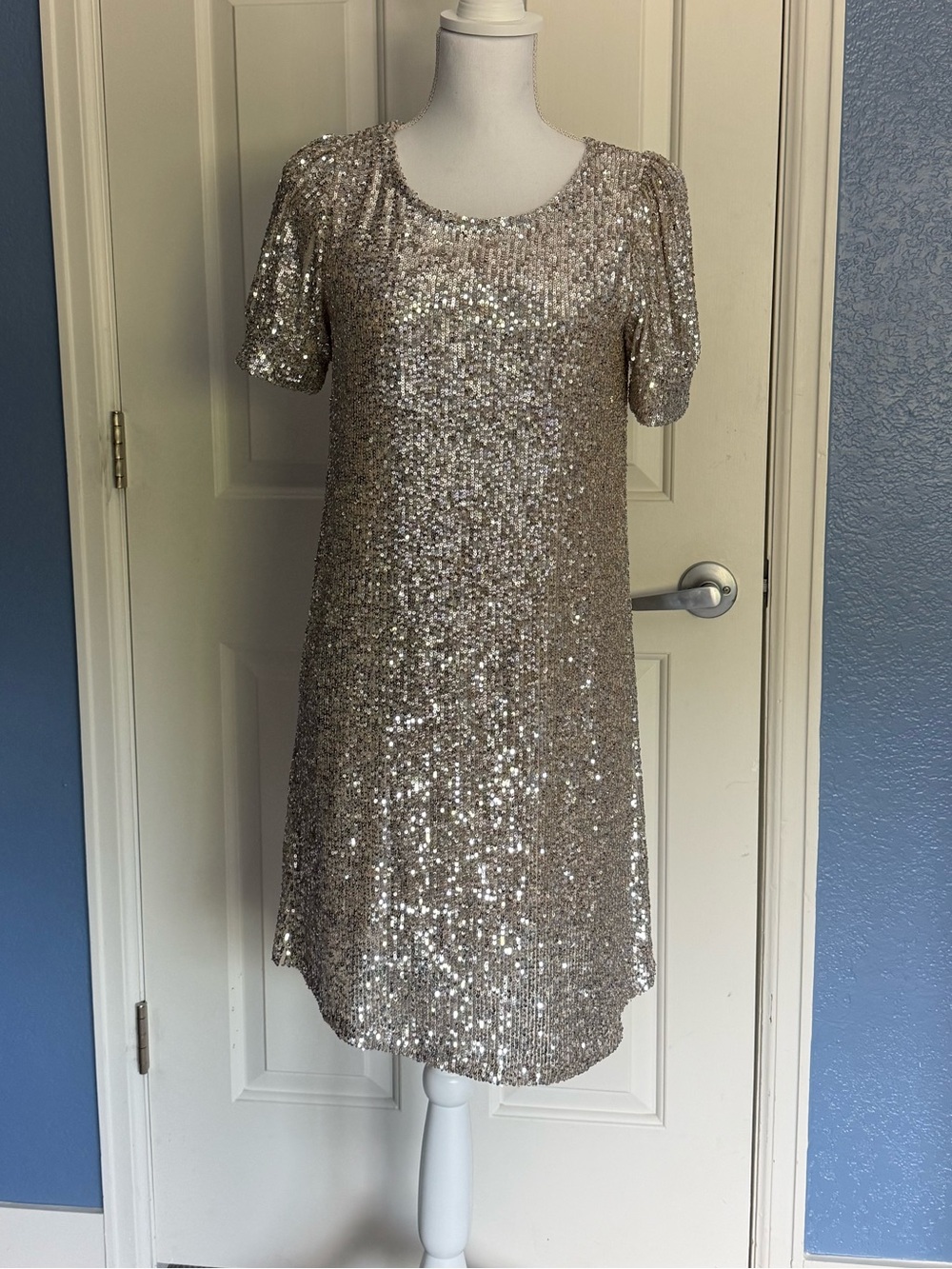 Cable and Gauge Silver Sequin Short Sleeve Shift Dress. NWT
